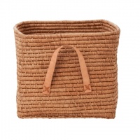 Beige Square Raffia Basket Tan Leather Handles Rice